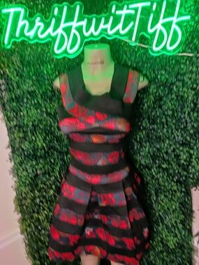 Black Knit Fit-and-Flare Dress with Red Floral Stripes